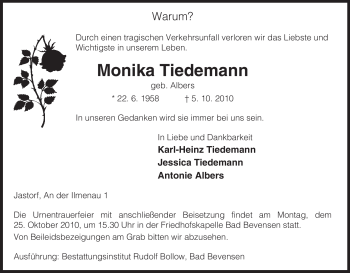 Traueranzeige von Monika Tiedemann von ALLGEMEINE ZEITUNG UELZEN