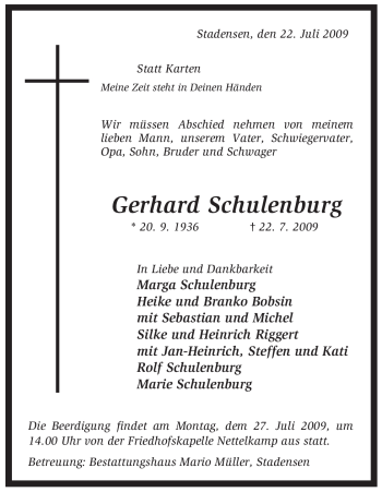 Traueranzeige von Gerhard Schulenburg von ALLGEMEINE ZEITUNG UELZEN