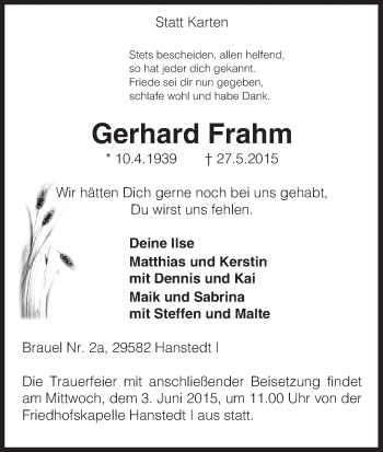 Traueranzeige von Gerhard Frahm von Uelzen