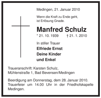 Traueranzeige von Manfred Schulz von ALLGEMEINE ZEITUNG UELZEN