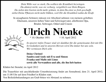 Traueranzeige von Ulrich Nienke von ALLGEMEINE ZEITUNG UELZEN