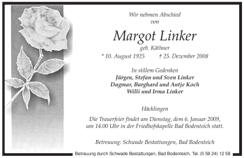 Traueranzeige von Margot Linker von ALLGEMEINE ZEITUNG UELZEN