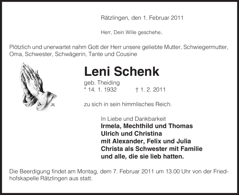 Traueranzeige für Leni Schenk vom 03.02.2011 aus ALLGEMEINE ZEITUNG UELZEN