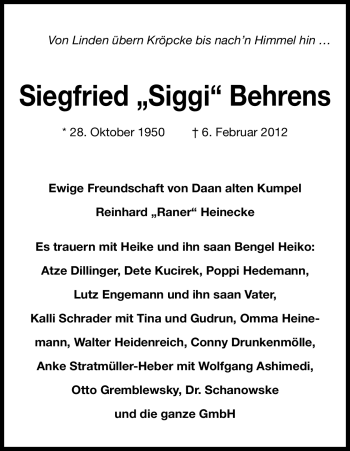 Traueranzeige von Siegfried Behrens von ALLGEMEINE ZEITUNG UELZEN