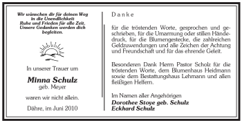 Traueranzeige von Minna Schulz von ALLGEMEINE ZEITUNG UELZEN