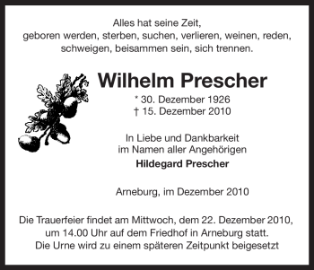 Traueranzeige von Wilhelm Prescher von ALLGEMEINE ZEITUNG UELZEN