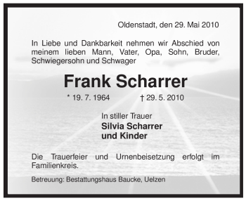 Traueranzeige von Frank Scharrer von ALLGEMEINE ZEITUNG UELZEN