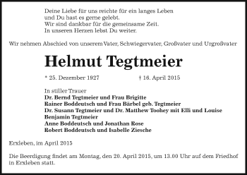 Traueranzeige von Helmut Tegtmeier von Uelzen