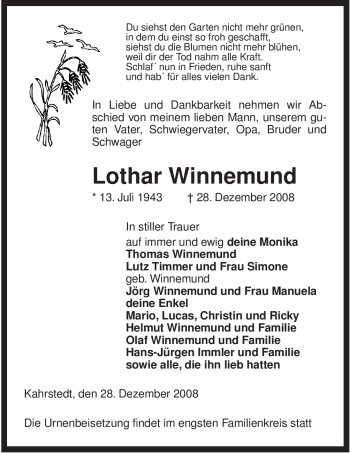 Traueranzeige von Lothar Winnemund von ALLGEMEINE ZEITUNG UELZEN