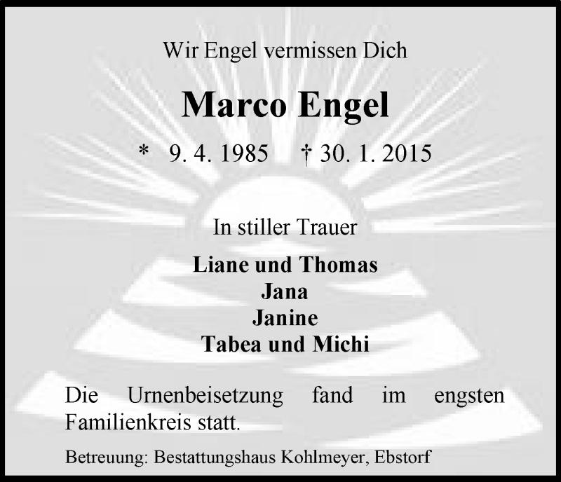  Traueranzeige für Marco Engel vom 03.03.2015 aus Uelzen