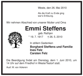 Traueranzeige von Emmi Steffens von ALLGEMEINE ZEITUNG UELZEN