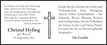 Traueranzeige von Christel Hyfing von ALLGEMEINE ZEITUNG UELZEN