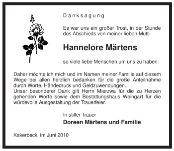 Traueranzeige von Hannelore Märtens von ALLGEMEINE ZEITUNG UELZEN