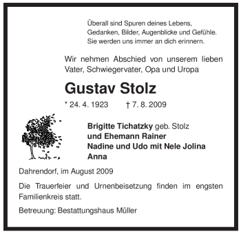 Traueranzeige von Gustav Stolz von ALLGEMEINE ZEITUNG UELZEN