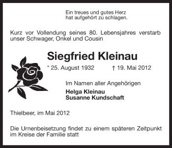 Traueranzeige von Siegfried Kleinau von ALLGEMEINE ZEITUNG UELZEN