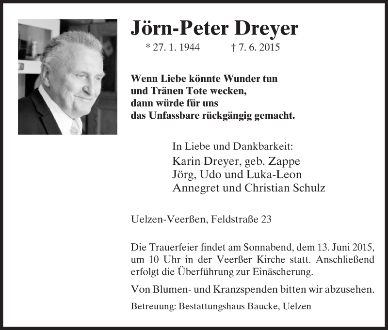  Traueranzeige für Jörn-Peter Dreyer vom 10.06.2015 aus Uelzen