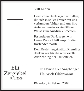 Traueranzeige von Elli Zergiebel von ALLGEMEINE ZEITUNG UELZEN