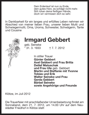 Traueranzeige von Irmgard Gebbert von ALLGEMEINE ZEITUNG UELZEN