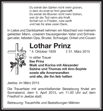 Traueranzeige von Lothar Prinz von Uelzen