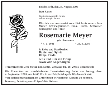 Traueranzeige von Rosemarie Meyer von ALLGEMEINE ZEITUNG UELZEN