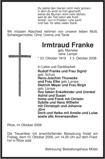 Traueranzeige von Irmtraud Franke von ALLGEMEINE ZEITUNG UELZEN