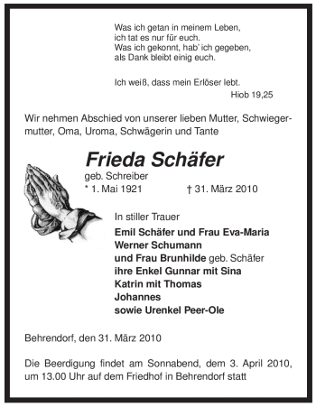 Traueranzeige von Frieda Schäfer von ALLGEMEINE ZEITUNG UELZEN