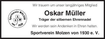Traueranzeige von Oskar Müller von ALLGEMEINE ZEITUNG UELZEN