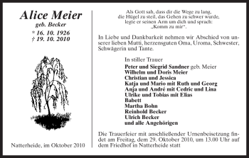 Traueranzeige von Alice Meier von ALLGEMEINE ZEITUNG UELZEN