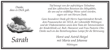 Traueranzeige von Sarah Unbekannt von ALLGEMEINE ZEITUNG UELZEN