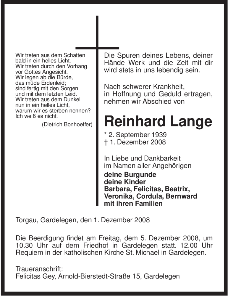  Traueranzeige für Reinhard Lange vom 03.12.2008 aus ALLGEMEINE ZEITUNG UELZEN
