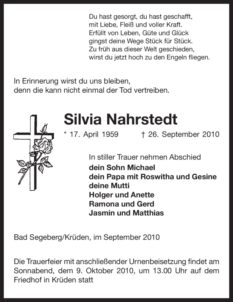  Traueranzeige für Silvia Nahrstedt vom 05.10.2010 aus ALLGEMEINE ZEITUNG UELZEN