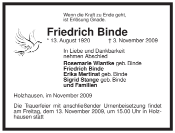 Traueranzeige von Friedrich Binde von ALLGEMEINE ZEITUNG UELZEN