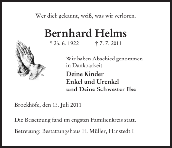 Traueranzeige von Bernhard Helms von ALLGEMEINE ZEITUNG UELZEN