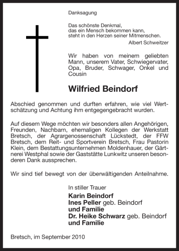 Traueranzeige von Wilfried Beindorf von ALLGEMEINE ZEITUNG UELZEN