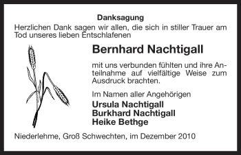 Traueranzeige von Bernhard Nachtigall von ALLGEMEINE ZEITUNG UELZEN