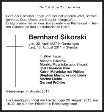 Traueranzeige von Bernhard Sikorski von ALLGEMEINE ZEITUNG UELZEN