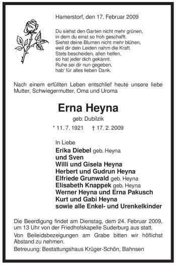 Traueranzeige von Erna Heyna von ALLGEMEINE ZEITUNG UELZEN