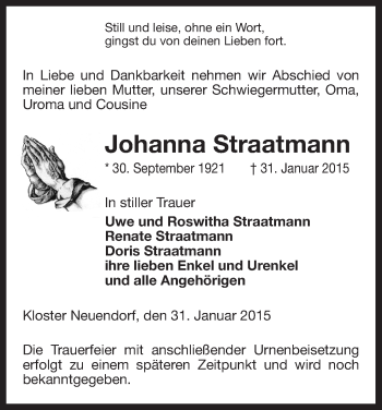 Traueranzeige von Johanna Straatmann von Uelzen