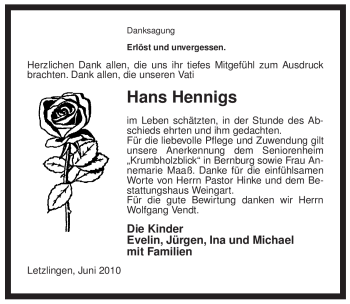 Traueranzeige von Hans Hennigs von ALLGEMEINE ZEITUNG UELZEN