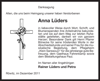 Traueranzeige von Anna Lüders von ALLGEMEINE ZEITUNG UELZEN