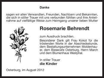 Traueranzeige von Rosemarie Behrendt von ALLGEMEINE ZEITUNG UELZEN