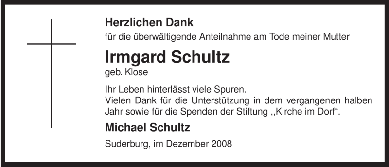  Traueranzeige für Irmgard Schultz vom 20.12.2008 aus ALLGEMEINE ZEITUNG UELZEN