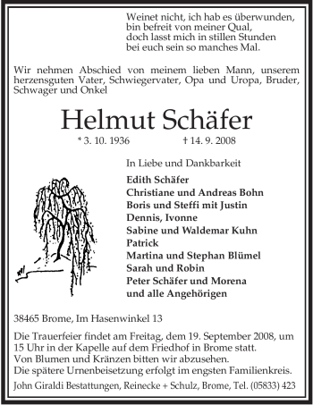 Traueranzeige von Helmut Schäfer von ALLGEMEINE ZEITUNG UELZEN
