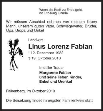 Traueranzeige von Linus Lorenz Fabian von ALLGEMEINE ZEITUNG UELZEN