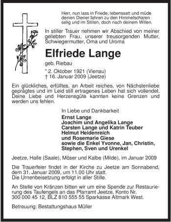 Traueranzeige von Elfriede Lange von ALLGEMEINE ZEITUNG UELZEN