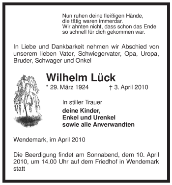 Traueranzeige von Wilhelm Lück von ALLGEMEINE ZEITUNG UELZEN