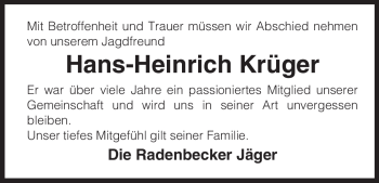 Traueranzeige von Hans-Heinrich Krüger von ALLGEMEINE ZEITUNG UELZEN
