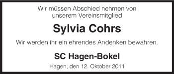 Traueranzeige von Sylvia Cohrs von ALLGEMEINE ZEITUNG UELZEN