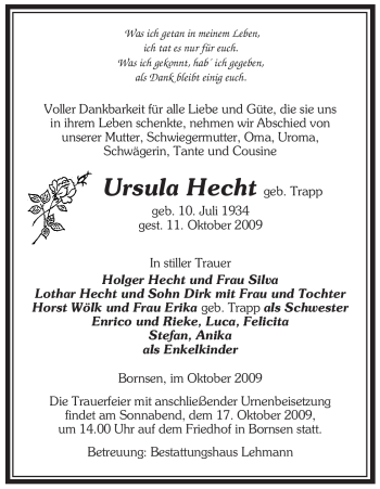 Traueranzeige von Ursula Hecht von ALLGEMEINE ZEITUNG UELZEN