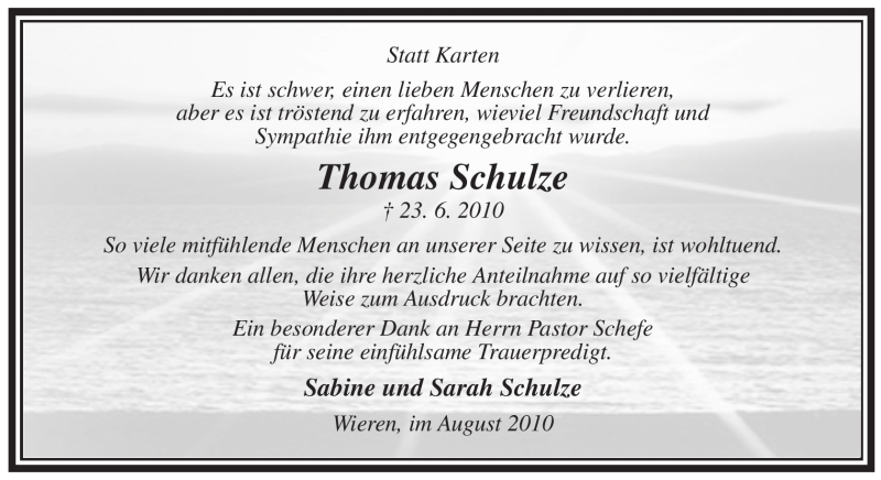  Traueranzeige für Thomas Schulze vom 07.08.2010 aus ALLGEMEINE ZEITUNG UELZEN